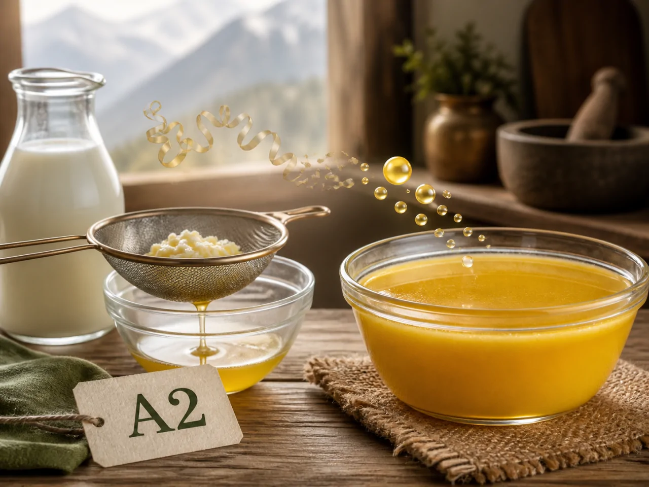 Milk solids caught in a strainer beside clarified golden ghee and a separate A2 label
