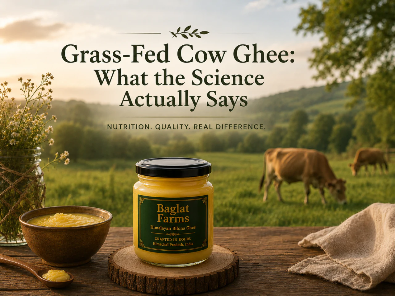 Baglat Farms ghee with cows grazing in a green mountain pasture