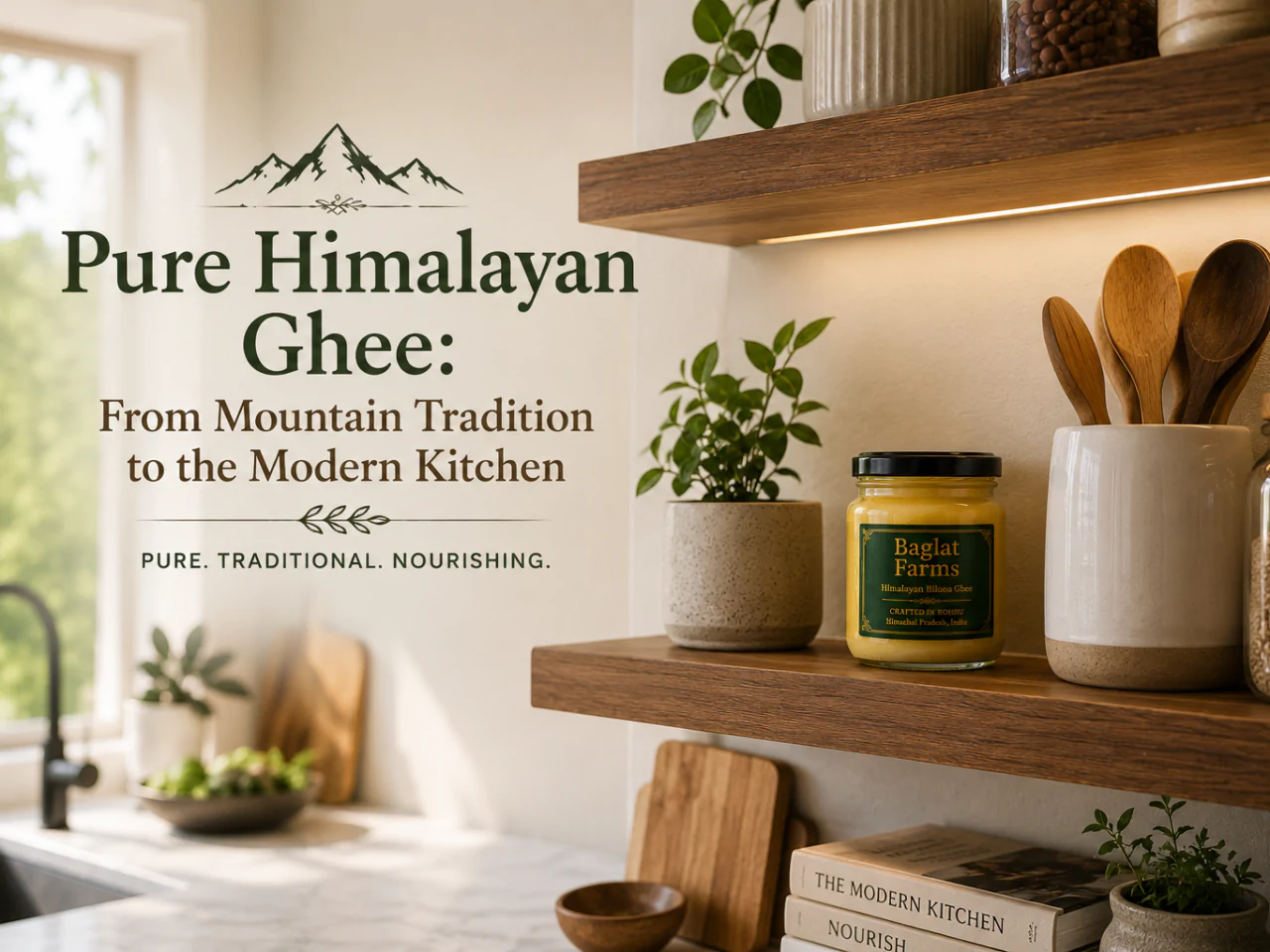 Baglat Farms ghee displayed on a wooden shelf in a modern kitchen