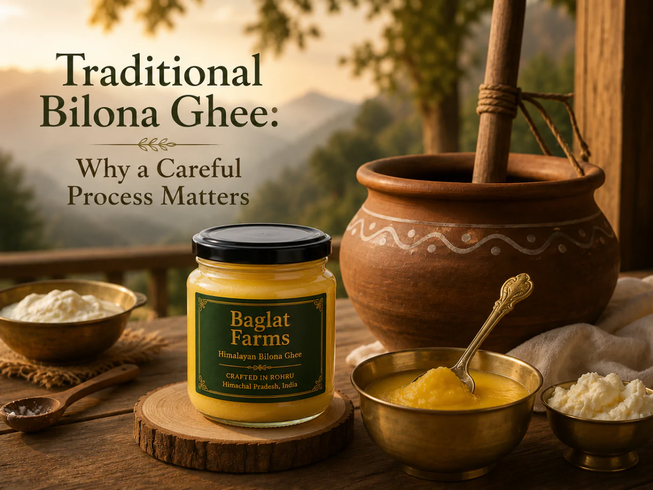 Baglat Farms ghee beside a traditional Bilona churning vessel and wooden churner